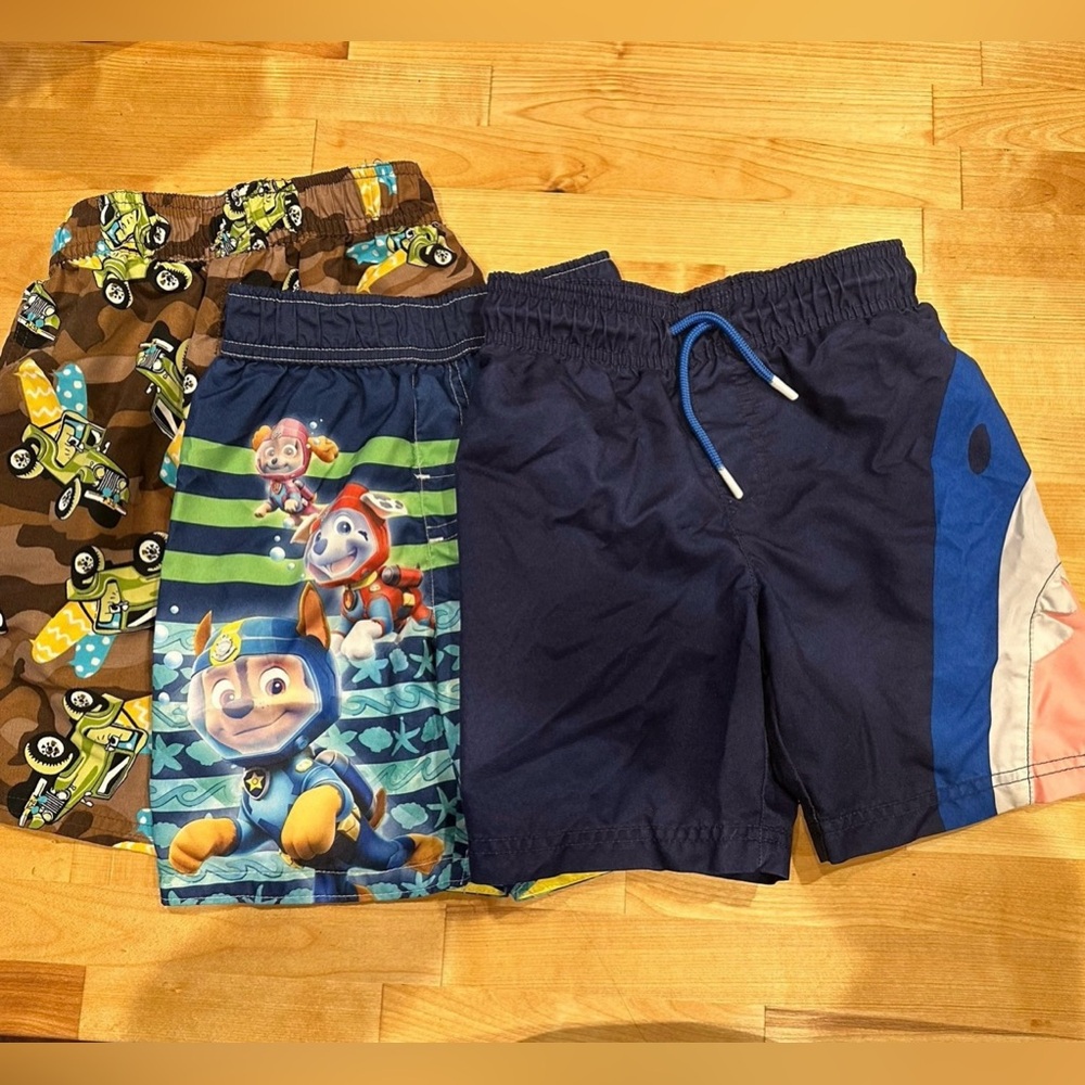 Boys Swim Trunks, Size 4-5, 3 pair- Paw Patrol, jeep, and shark.
